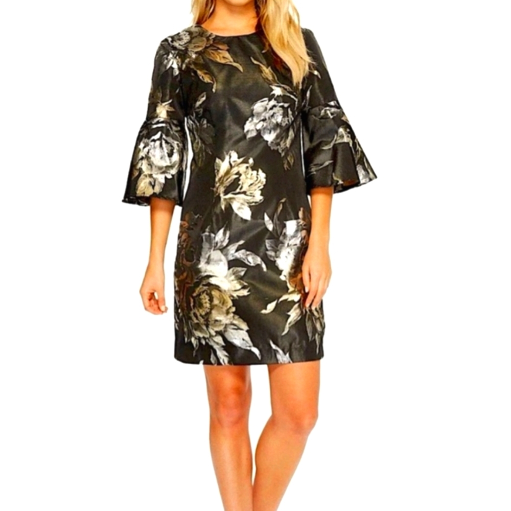 NWT Trina Turk Rachelle Metallic Jacquard Bell Sleeve Sheath Dress, Size 0